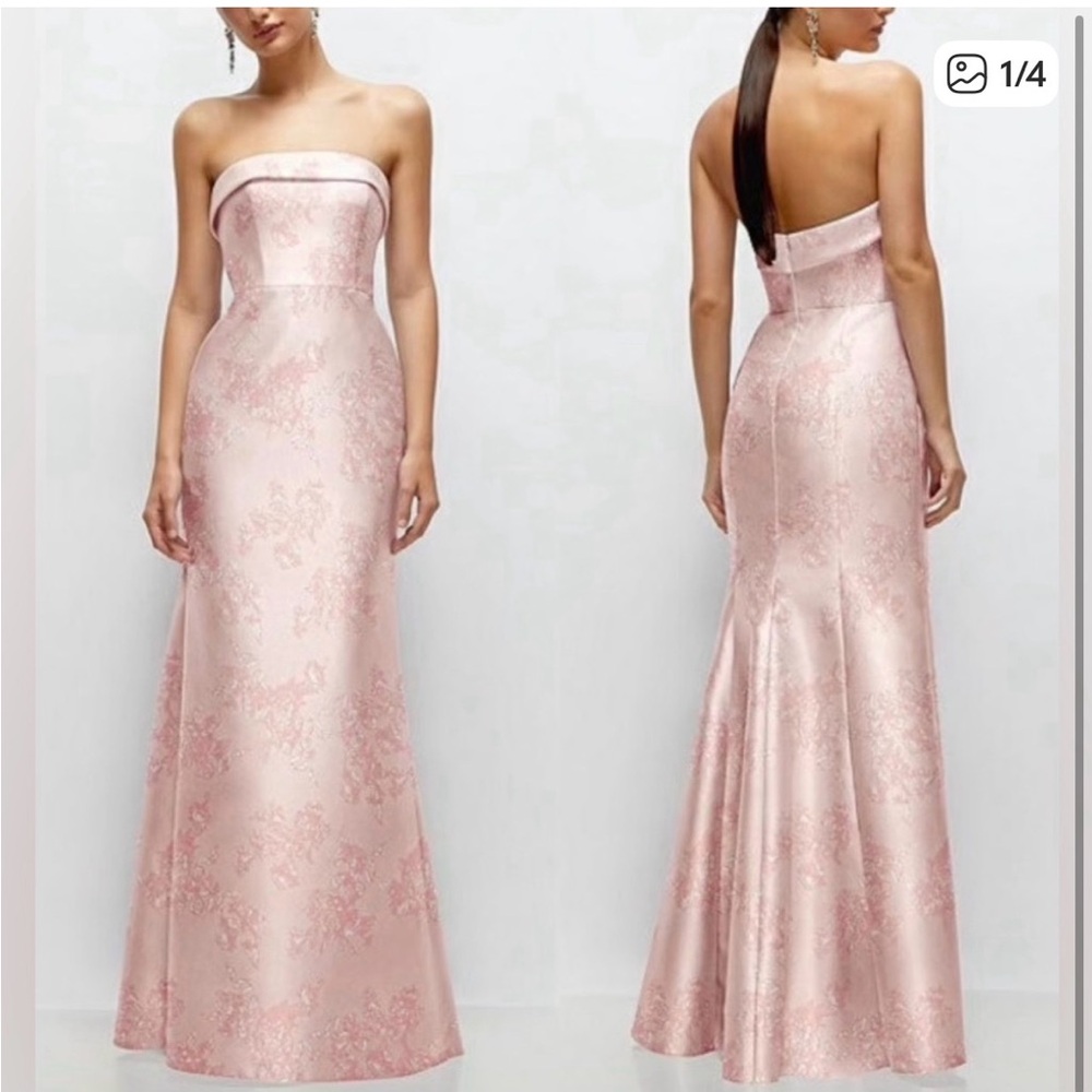 ALFRED SUNG Strapless Pink Jacquard Evening Gown
